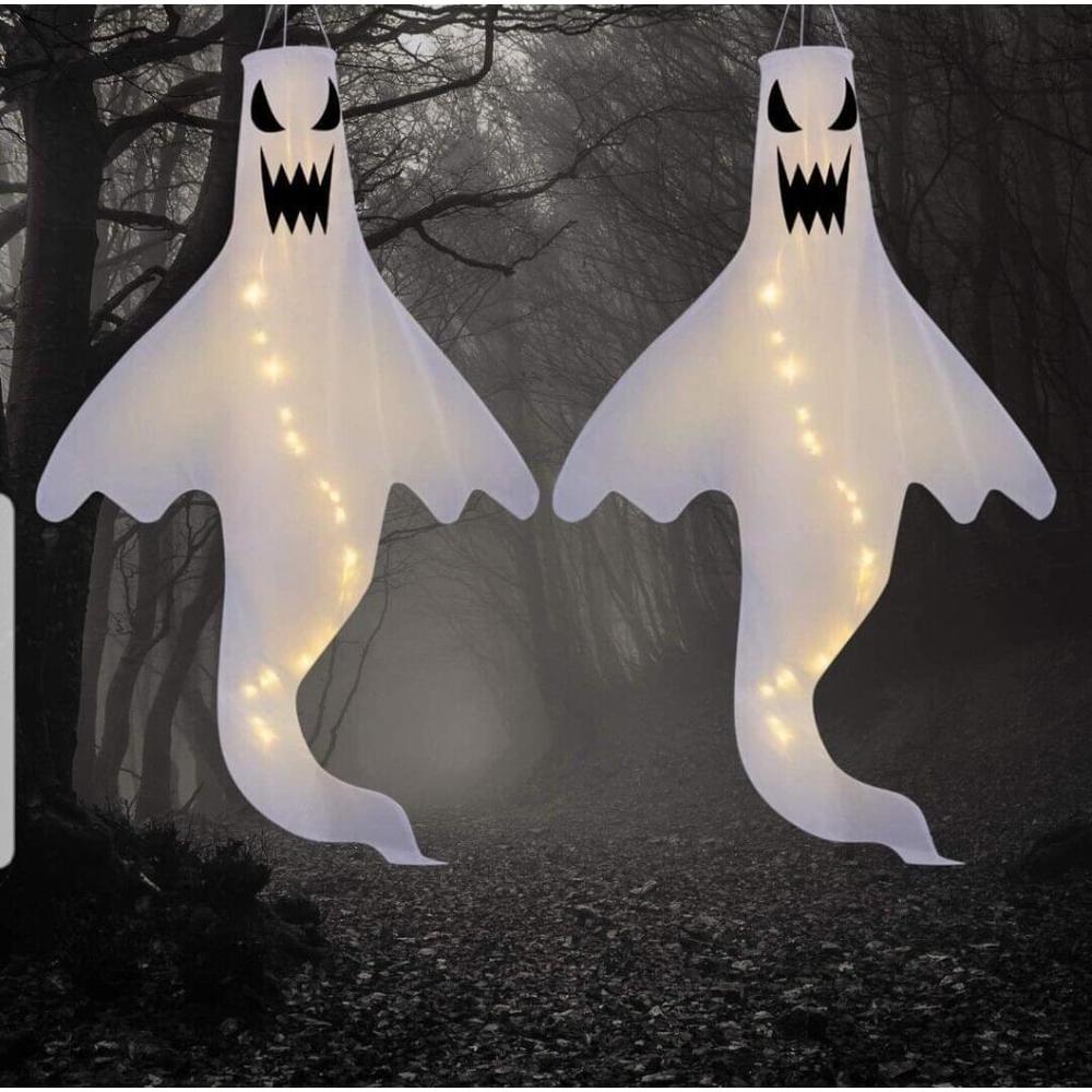 2 Pack Halloween Ghost Shape Windsock Flag Warm White LED Lights . New haunted